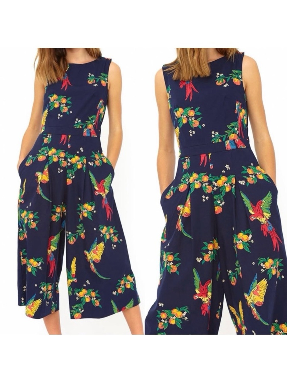 Emily And Fin X ModCloth Florence Retro Navy Parrot Jumpsuit Tropical Hawaiin